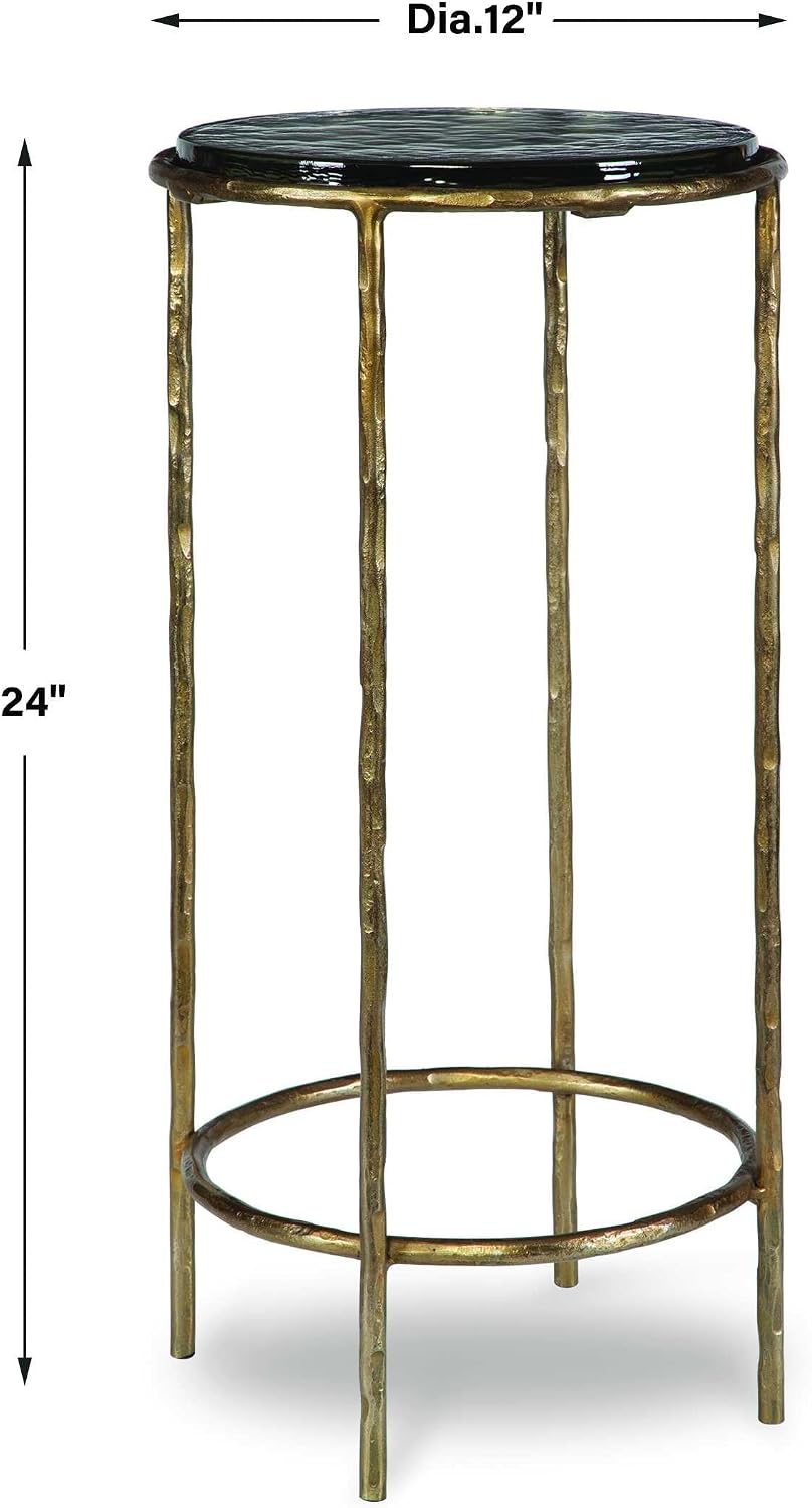 Antique Gold Textured Iron Accent Table with Recycled Glass Top Modern Round ...