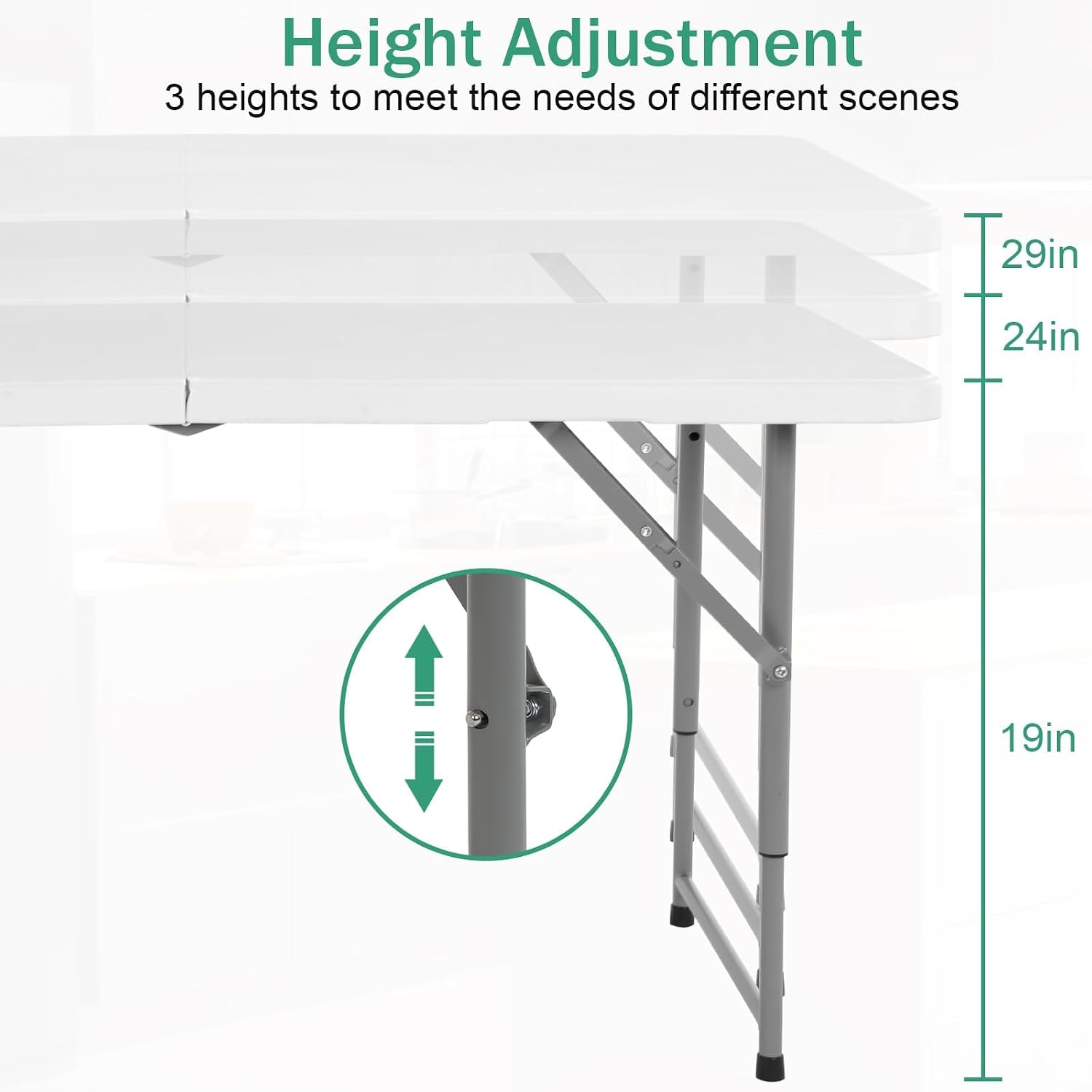 Folding Table, 4 FT Heavy Duty Plastic Foldable Table with Carrying Handle, Adjustable Height Portable Party Tables for Garden Party Picnic Camping BBQ Dining Kitchen Wedding Market Events