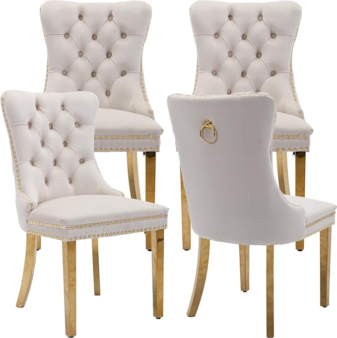 Mid Century Modern Dining Chairs Set of 4, Beige Velvet Upholstered Tufted Back, Kitchen & Dining Room Chairs, Gold Metal Legs, Nailhead Trim, Sillas para Comedor (Beige, 4 Pcs)