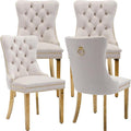 Mid Century Modern Dining Chairs Set of 4, Beige Velvet Upholstered Tufted Back, Kitchen & Dining Room Chairs, Gold Metal Legs, Nailhead Trim, Sillas para Comedor (Beige, 4 Pcs)