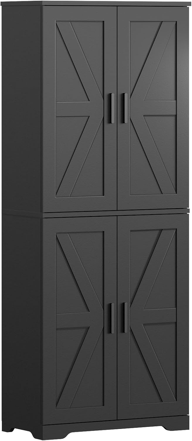 Farmhouse Storage Cabinet with 4 Door, Kitchen Pantry Storage with 4 Adjustab...