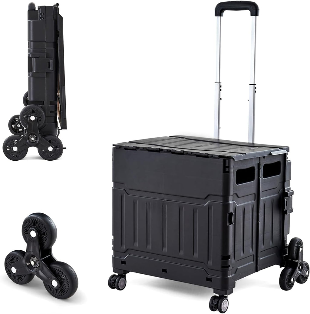 Utility Cart Teacher Cart with Stair Climbing Wheels Foldable Shopping Cart, with Telescopic Handle, Ideal for Outdoor Home Use and Teacher/Student Book Storage. (Black, Large)