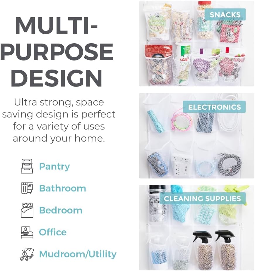 Over the Door Hanging Shoe Organizer, 24 Breathable Mesh Pockets, Closet Rack Storage Holder, Stay in Place Hooks Hang on Closets, Hanger Holds Up to 40 lbs for Shoes, Accessories, Gray