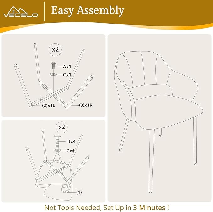 VECELO Velvet Dining Chairs Set of 2, Modern Upholstered Kitchen Chairs with Cushion, Padded Backrest and Metal Legs, White
