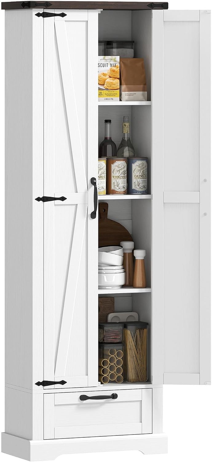 HOMCOM 71" Tall Kitchen Pantry Storage Cabinet Barn Doors Drawer White |...