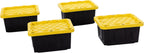 Plastic 5-Gallon Storage Tote with Lockable Lid, Stackable Tough Regular-Duty Bin for Garage, Tools, and Home Organization (4-Pack) - Black and Yellow