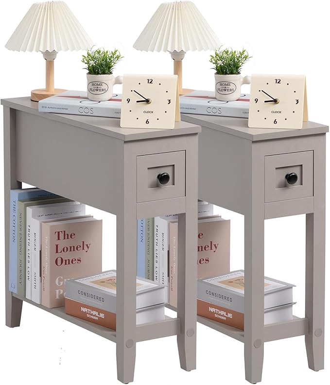 Gery 2 Pack Chairside Narrow End Table with Drawer, Solid Recliner Side Table...