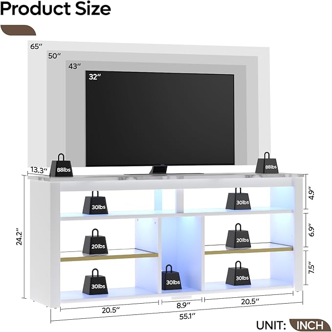 Bestier LED Tall Entertainment Center for PS4, 55 inch TV Stand for 55/60/65 inch TV, TV Console with Storage, Media TV Cabinet with Adjustable Shelf for Living Room, White Marble