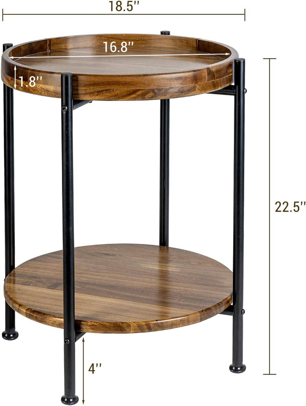 MyGift 2 Tier Round End Table with Premium Acacia Solid Wood Shelf and Black ...