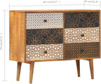 Mid-Century Modern Sideboard with Six Drawers, Solid Mango Wood and MDF Construction, Brown Lacquered Finish with Geometric Printed Patterns, Ample Storage for Dining
