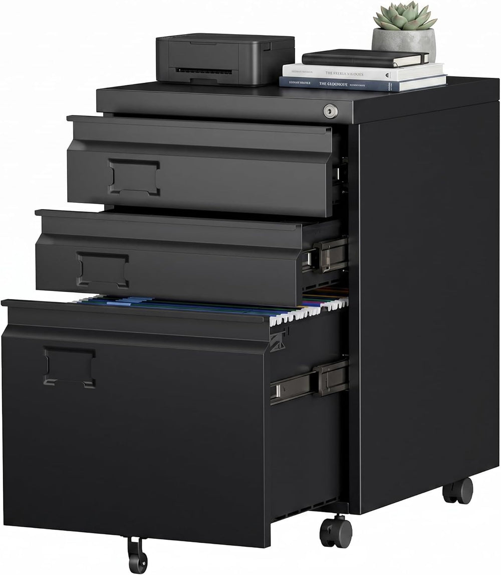 3 Drawer Metal File Cabinet with Wheels, Under Desk Rolling Filing Cabinet fo...