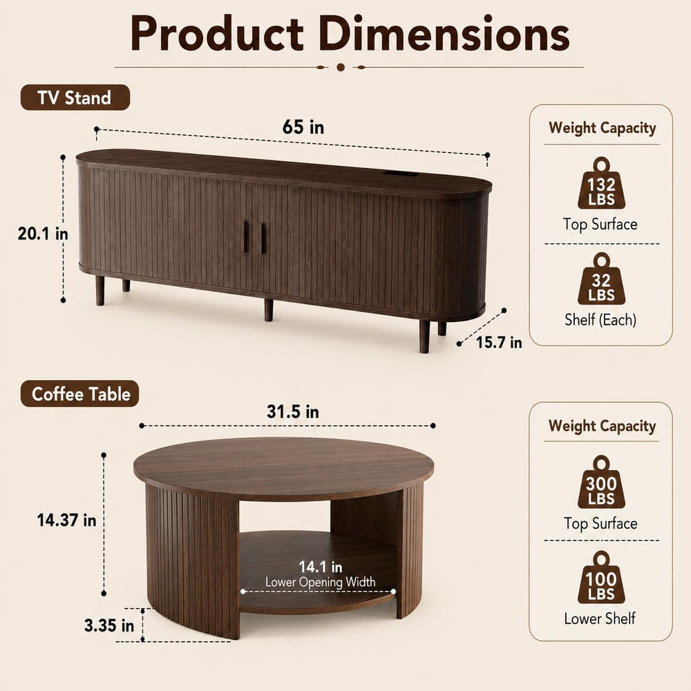 Living Room Table Set of 2, 65" Mid Century Modern TV Stand with Power O...