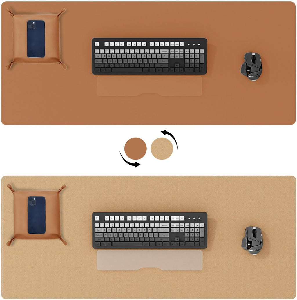 DAWNTREES Dual Sided Desk Mat,Leather Desk Pad,Brown Cork Desk Mat Protector,with PU Leather Valet Tray Organizer,Large Mouse Pad,Desk Writing Pad for Office and Home(31.5"x15.8")