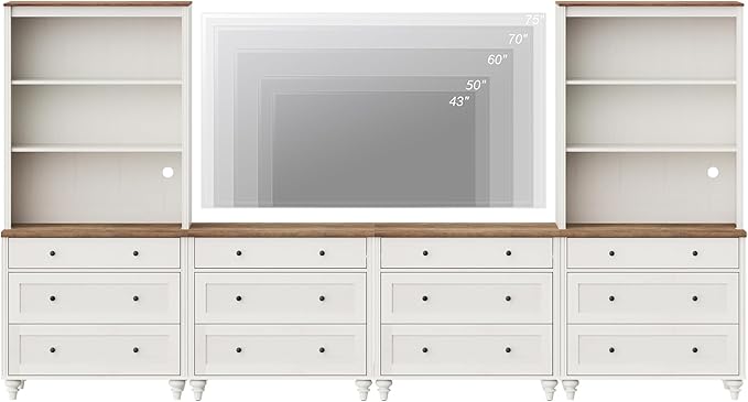 WAMPAT Entertainment Center with Bookshelves for TVs up to 75", Farmhouse Wall Unit TV Stand with Drawers, Media Console Table for Living Room, Bedroom & Home Theater, White