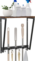 Wall-mounted broom and mop storage rack, equipped with mop, broom hanger and grab hooks for cleaning supplies, suitable for kitchens, laundry rooms, garages, utility rooms, closets, etc.
