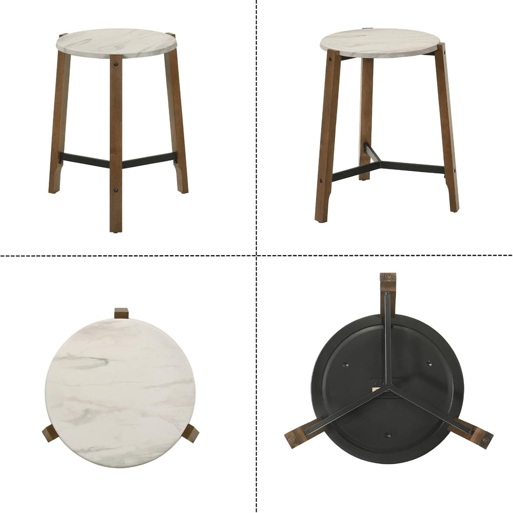 Modern White Round End Table, Side Table with Faux Marble Texture Top Industr...