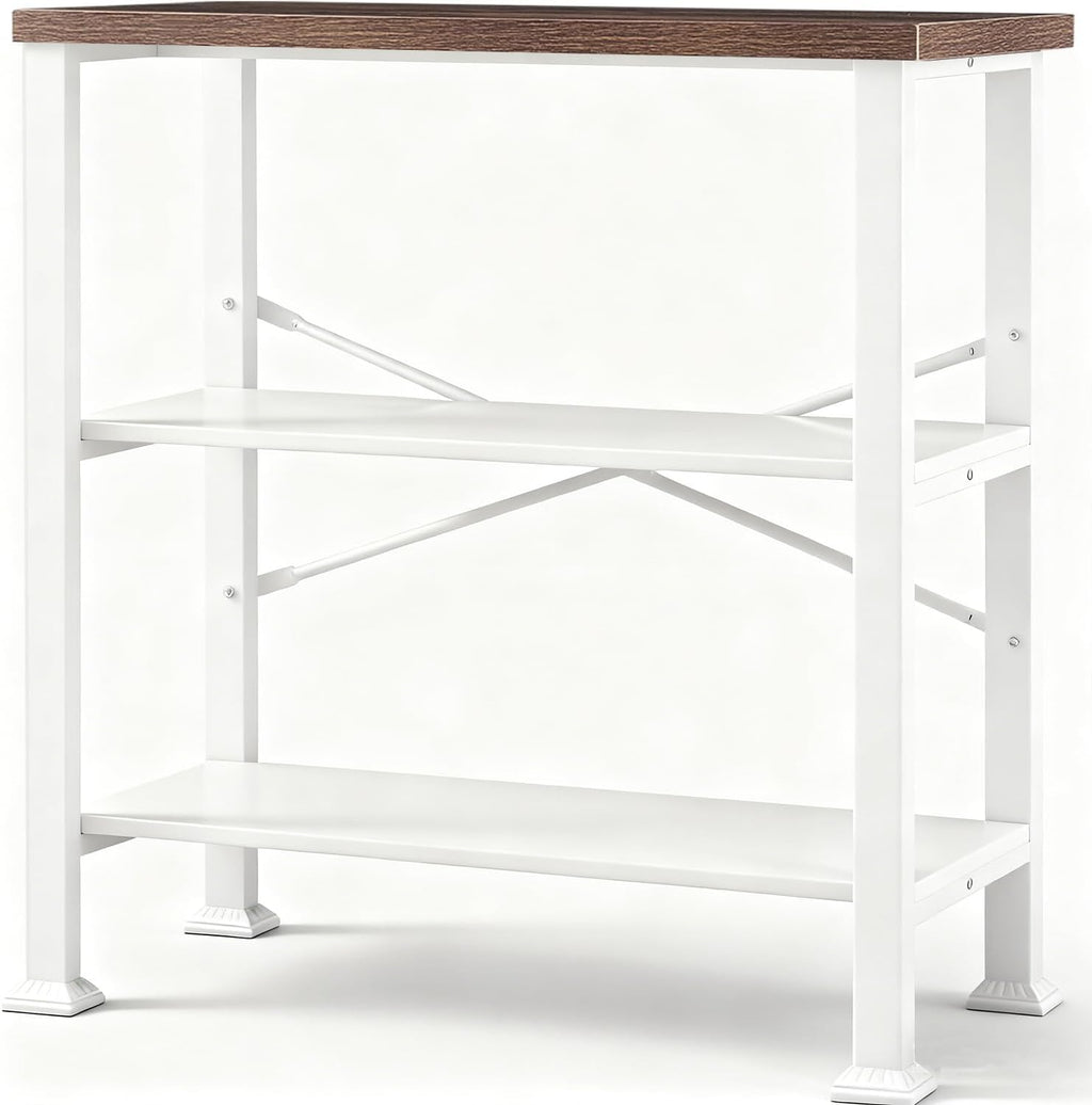 Hombazzar 3 Tier Book Shelf,31.5" Wide White and Brown Short Bookshelf | Multipurpose Design for Living Room,Office,Bedroom. Retro Industrial Design,Stability,Adjustable Feet,Easy Assembly