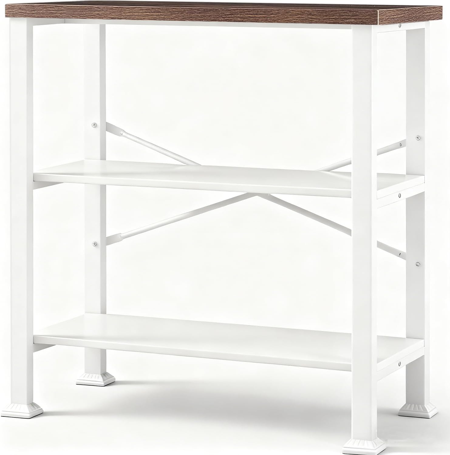 Hombazzar 3 Tier Book Shelf,31.5" Wide White and Brown Short Bookshelf | Multipurpose Design for Living Room,Office,Bedroom. Retro Industrial Design,Stability,Adjustable Feet,Easy Assembly