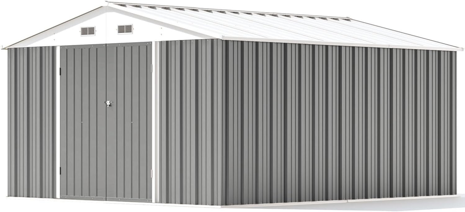 Patiowell 10 x 12 FT Metal Storage Shed for Outdoor, Steel Yard Shed with Design of Lockable Doors, Utility and Tool Storage for Garden, Backyard, Patio, Outside use, Gray