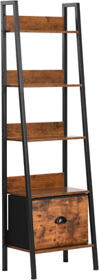 5 Tier Ladder Bookshelf Ladder Shelf, Rustic Bookcase Storage Rack Organizer with Removable Drawer, Wood Metal Freestanding Storage Shelf for Living Room, Home Office, Bedroom, Brown | Wood metal freestanding storage rack organizer for living room