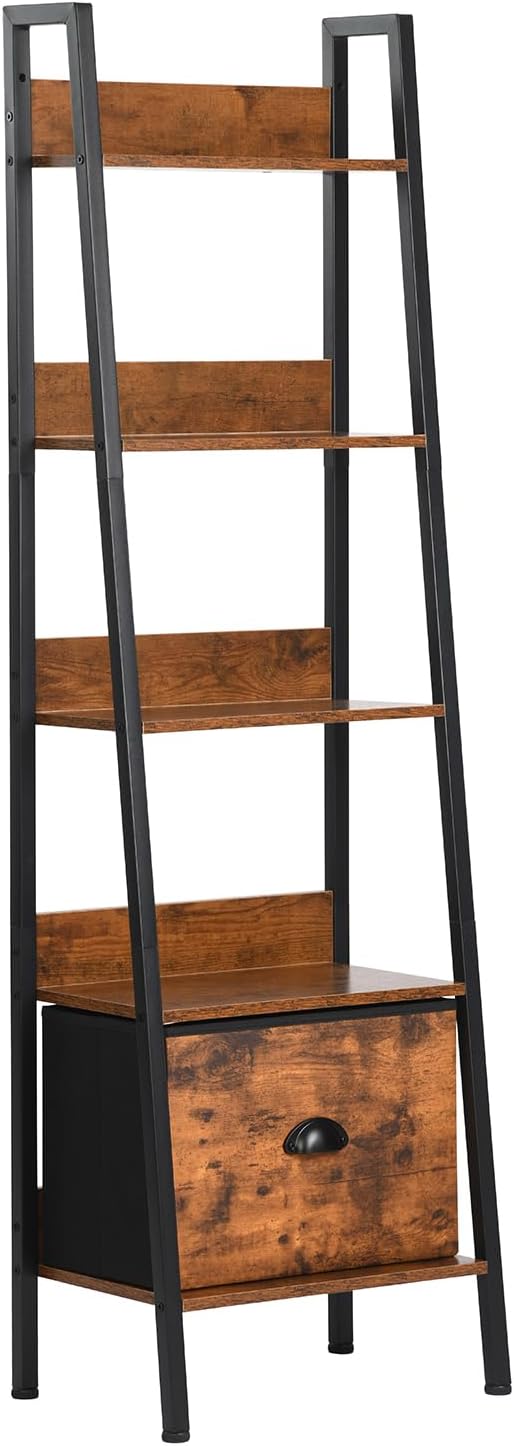 5 Tier Ladder Bookshelf Ladder Shelf, Rustic Bookcase Storage Rack Organizer with Removable Drawer, Wood Metal Freestanding Storage Shelf for Living Room, Home Office, Bedroom, Brown | Wood metal freestanding storage rack organizer for living room