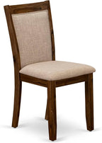 I7MZ7-50N-04 7-Pc Dining Set consists of a Pedestal Dining Table and 6 Light Tan Polyester Fabric Dining Chairs with Padded Back - Antique Walnut Finish