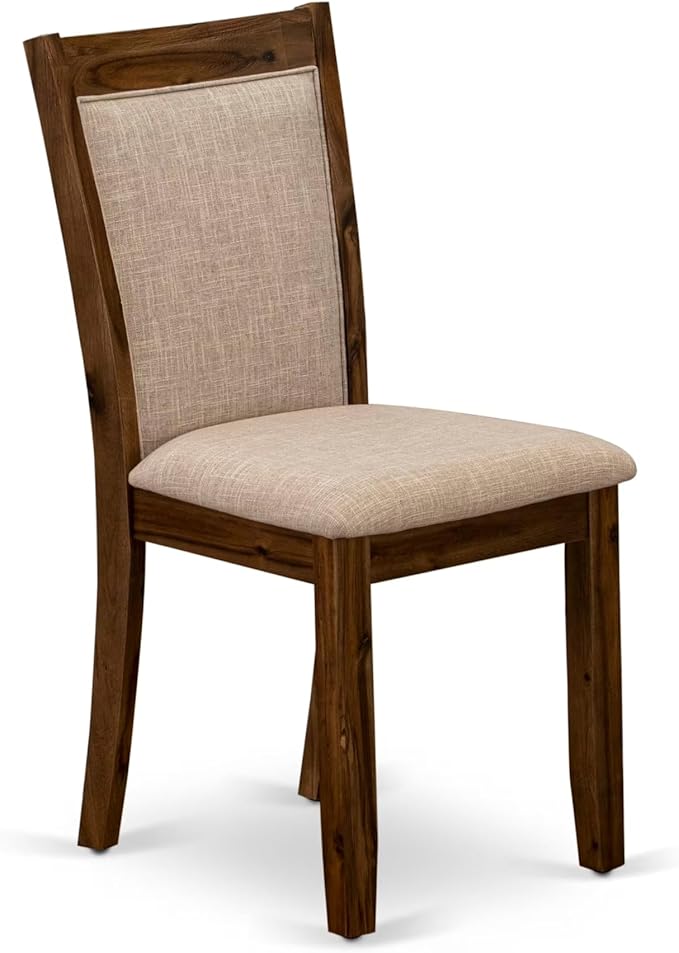 F7MZ5-50N-04 5-Pc Dining Table Set Includes a Pedestal Dinner Table and 4 Light Tan Polyester Fabric Parson Chairs with Padded Back- Antique Walnut