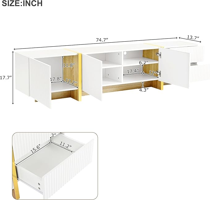 Ball & Cast Luxury Fluted TV Stand with Storage Cabinets for TVs up to 80", Modern Entertainment Center w/2 Drawers & Golden Wood Grain Leg, Media Console for Living Room,Bedroom,White