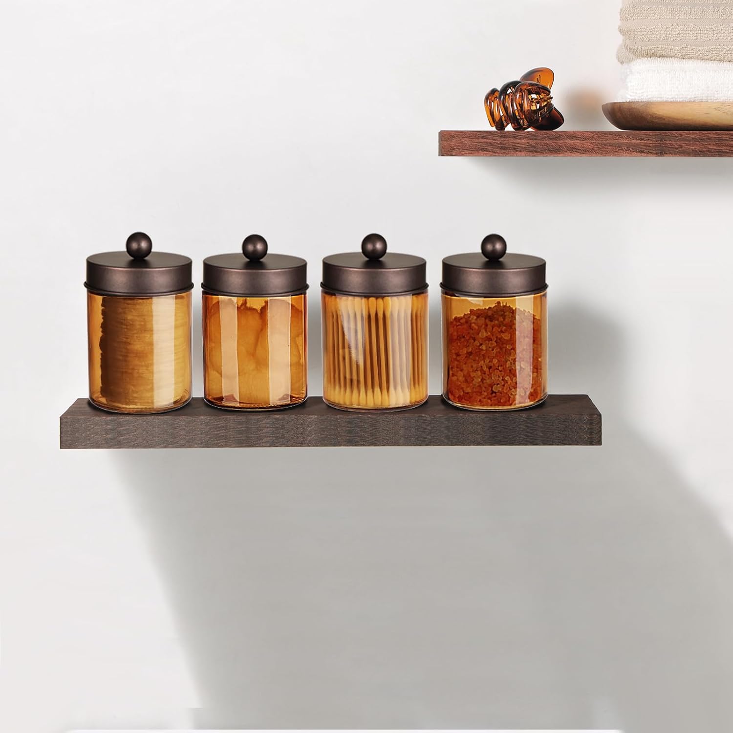 Amolliar Bronze Glass Apothecary Jar With Metal Lid & Stickers, Bathroom Qtip Holder Dispenser Storage Canister, Perfect for Cotton Balls, Cotton Swabs, Makeup Pads, Bath Salt, Floss, 2 Pack (Bronze)