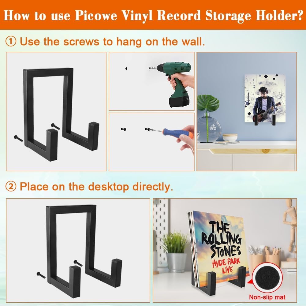 Picowe Vinyl Record Storage Holder, Black LP Display Rack Organizer, Metal Record Stand (1 Pack)