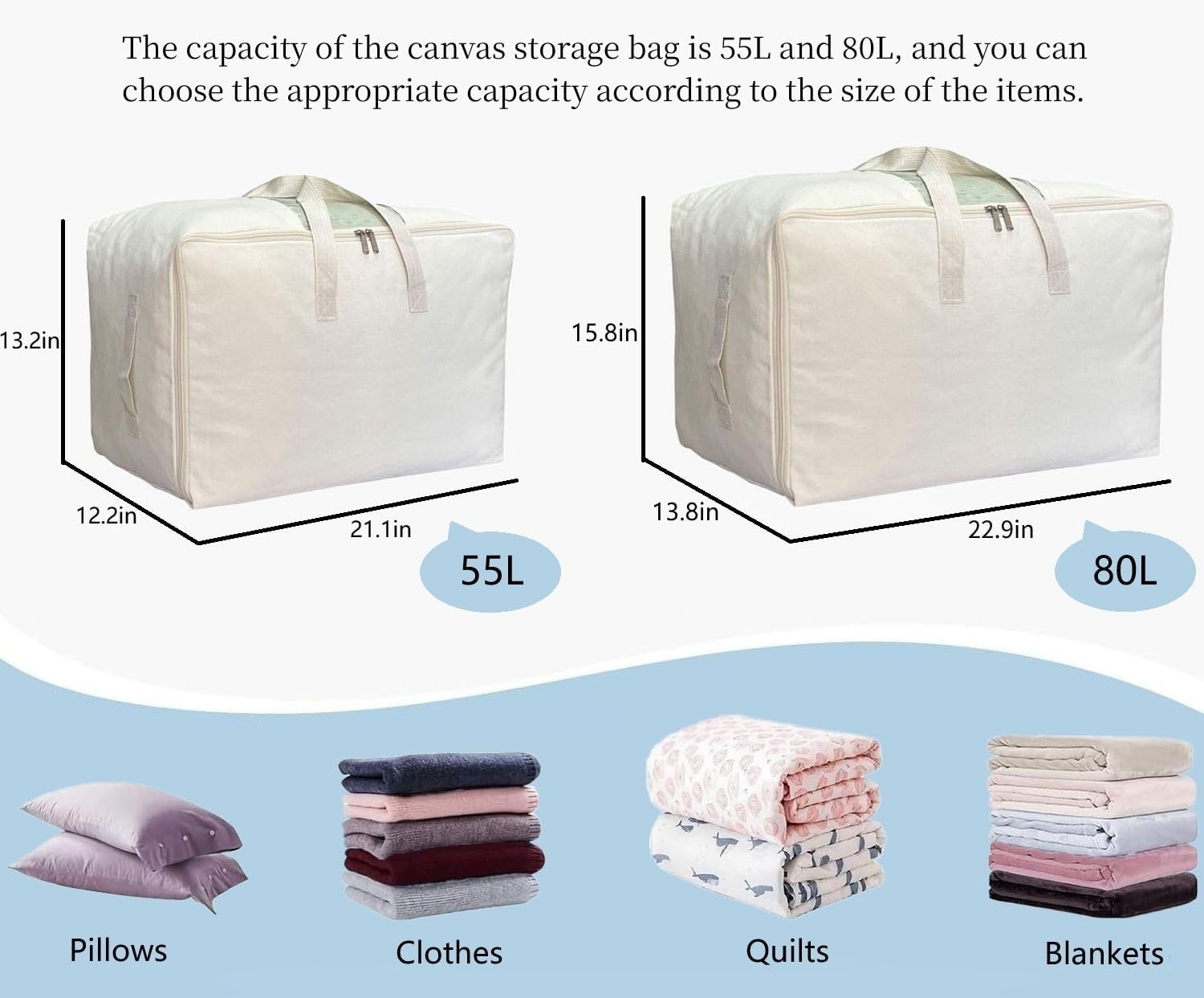 Soft Canvas Clothes Storage Bags with Four Carrying Handles and Clear Window, Closet Organizer for Clothing, Blankets Sheets and Bedding, 55L, Beige