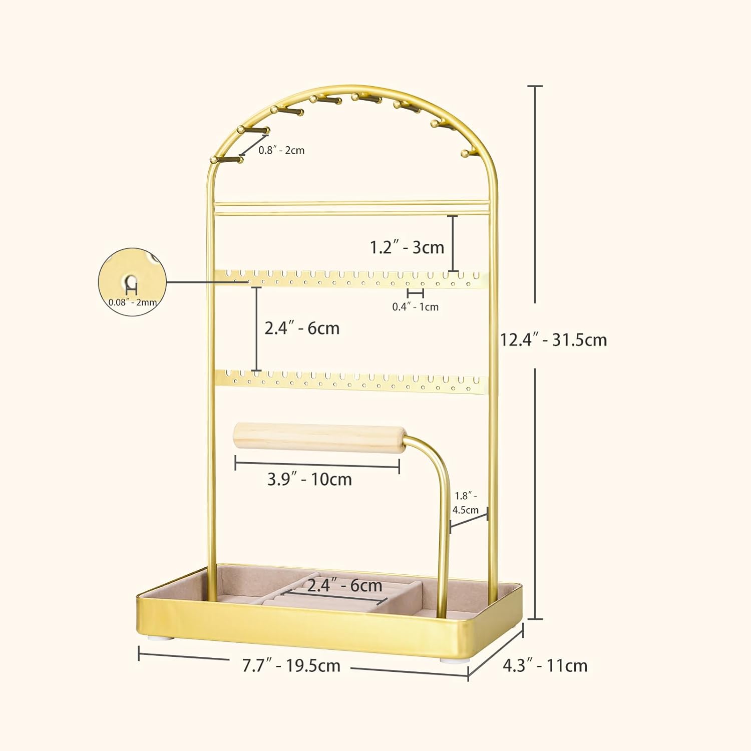 Multi-Functional Jewelry Holder Organizer Necklace Display Stand Velvet Lined Bar for Rings 2 Tier with 18 Hooks, 32 Earring Holes - Sturdy and Durable, Easy Organization Gold