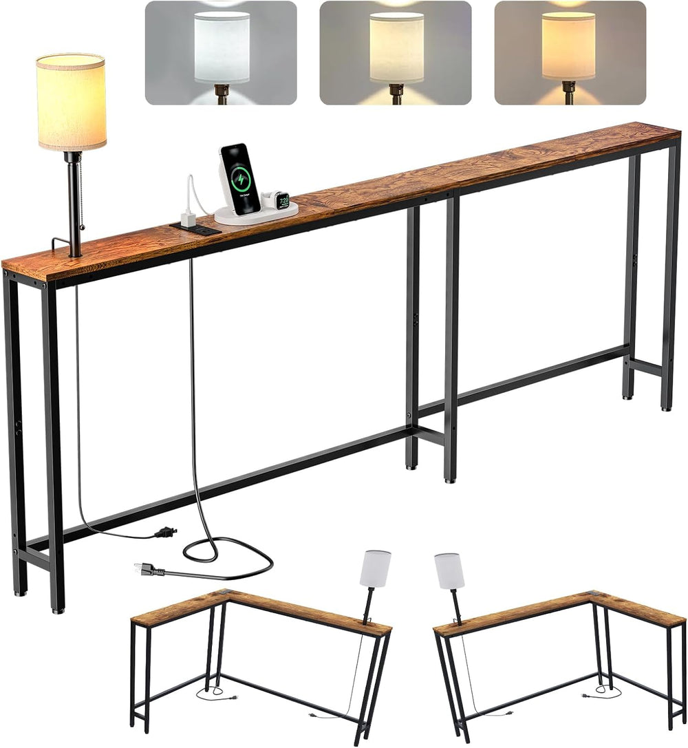 X-cosrack 78.8" Long Narrow Sofa Table with Outlet & LED Bulb, L Sha...