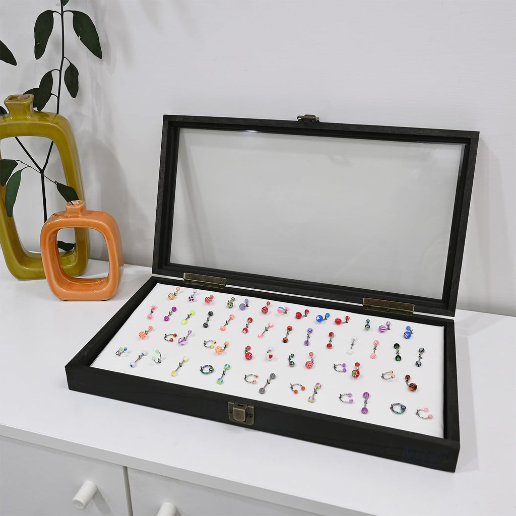 MOOCA Body Jewelry Display Tempered Glass Case with 54 Clips, Black Velvet | Jewelry display case with a tempered-glass lid and 54-clip pad organizes belly rings, tongue rings, and barbells.