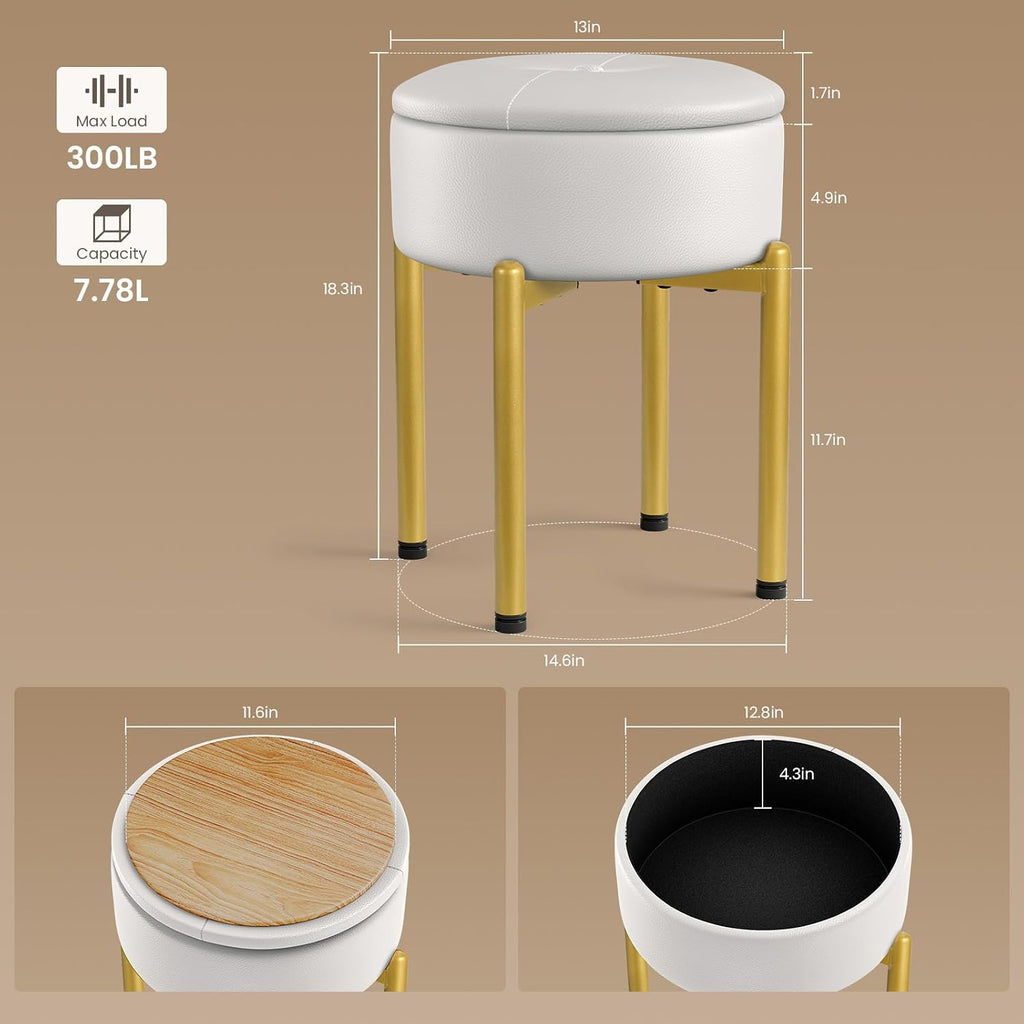 Memobarco 18-Inch Leather Vanity Stool Chair with Storage, Vanity Bench with 4 Golden Metal Legs & Anti-Slip Adjustable Feet,Round Storage Ottoman Stool with Removable Soft Padded Seat, White