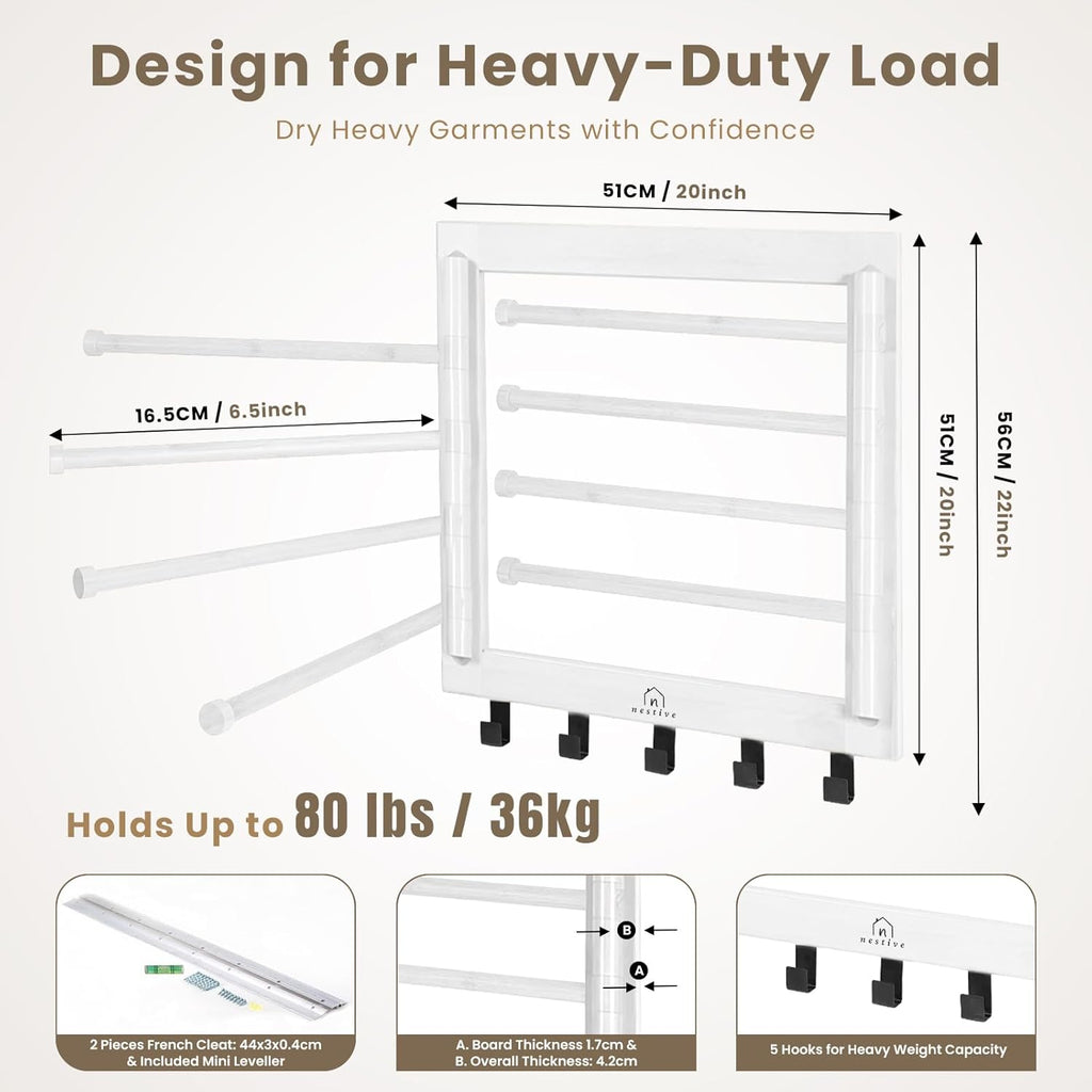 Bamboo Wall Mount Drying Rack for Laundry – Collapsible Foldable Clothes Dryer with 8 Arms & 5 Hooks, Space-Saving Laundry Hanger Dryer Rack, 20 Inch, 80 lb Capacity (White)