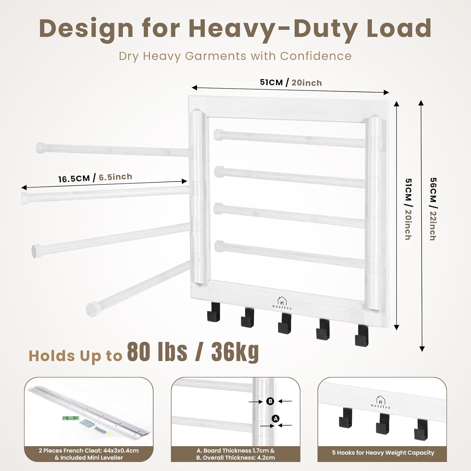 Bamboo Wall Mount Drying Rack for Laundry – Collapsible Foldable Clothes Dryer with 8 Arms & 5 Hooks, Space-Saving Laundry Hanger Dryer Rack, 20 Inch, 80 lb Capacity (White)