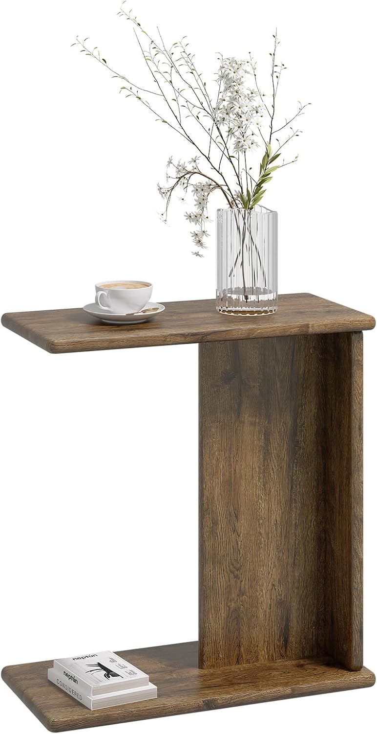 C-Shaped End Table for Couch, Small Side Table, Bedside Table for Sofa, Woode...