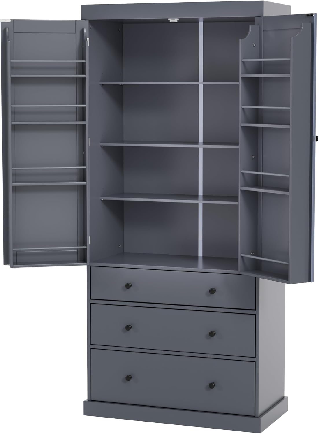 Freestanding Kitchen Pantry with 3 Dawers & 3 Shelves, Double Door with 6 Shelves, Rectangular Storage Cabinet, Modern, for Living Room, Dining Room, Gray