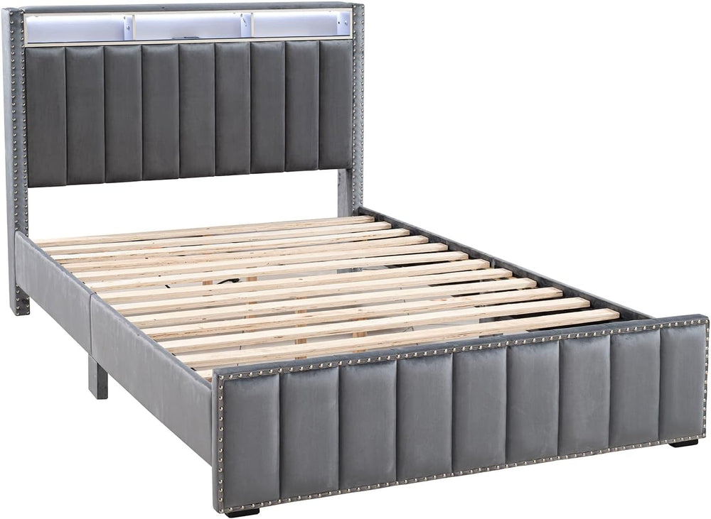 GOWE Bed Beautiful Dark Color 1pc Full Storage Shelve LED Channel Tufting | P...