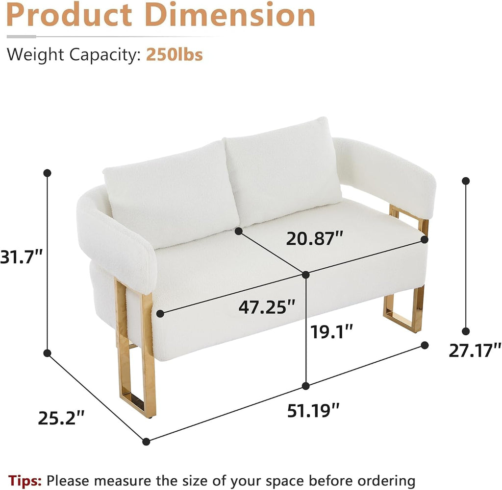 Loveseat Sofa and 2 Modern Accent Chairs no Wheels, Living Room Side Chairs with Golden Metal Legs, Barrel Soft TeddyUpholstered Reading Armchairs for OfficeStudyReception RoomBedroomLounge,White
