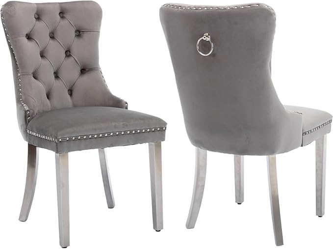 Mid Century Modern Dining Chairs Set of 2, Grey Velvet Upholstered Tufted Back, Kitchen & Dining Room Chairs, Brushed Silver Metal Legs, Nailhead Trim, Sillas para Comedor (Gray, 2 Pcs)