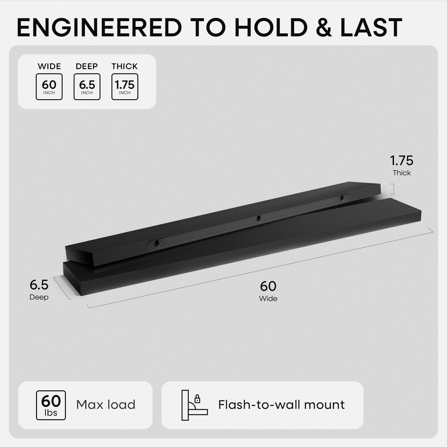 Homeforia Floating Black Shelf 60 inch, High End Solid Real Wood 60 inches Long Floating Shelves for Wall, Black Wooden 60inch Large Floating Shelves, Heavy Duty Bracket, 60 X 6.5 X 1.75 in, Set of 2