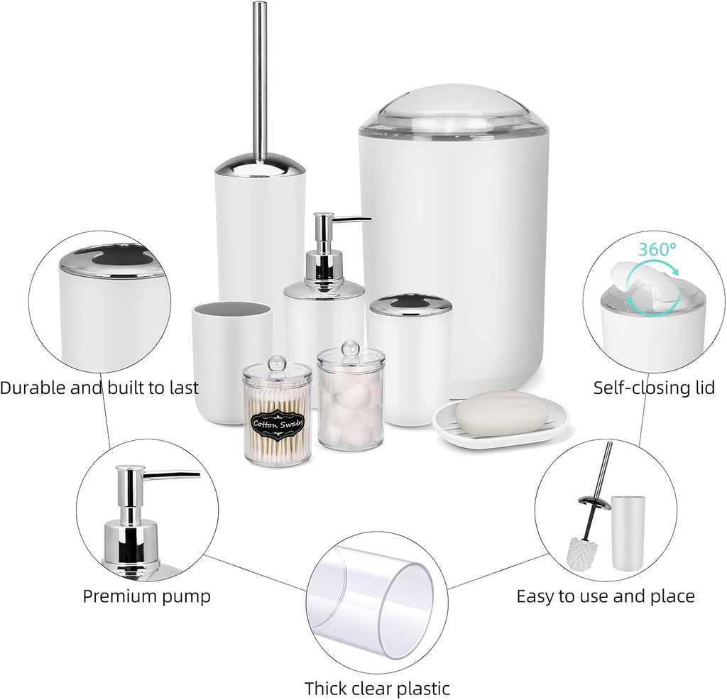 White Bathroom Set,9 Piece Bathroom Accessories Set,Tray,Soap Dispenser,Toothbrush Holder,Toothbrush Cup,Soap Dish,Toilet Brush,Qtip Holders,Trash Can for Bathroom Décor and Housewarming Gifts