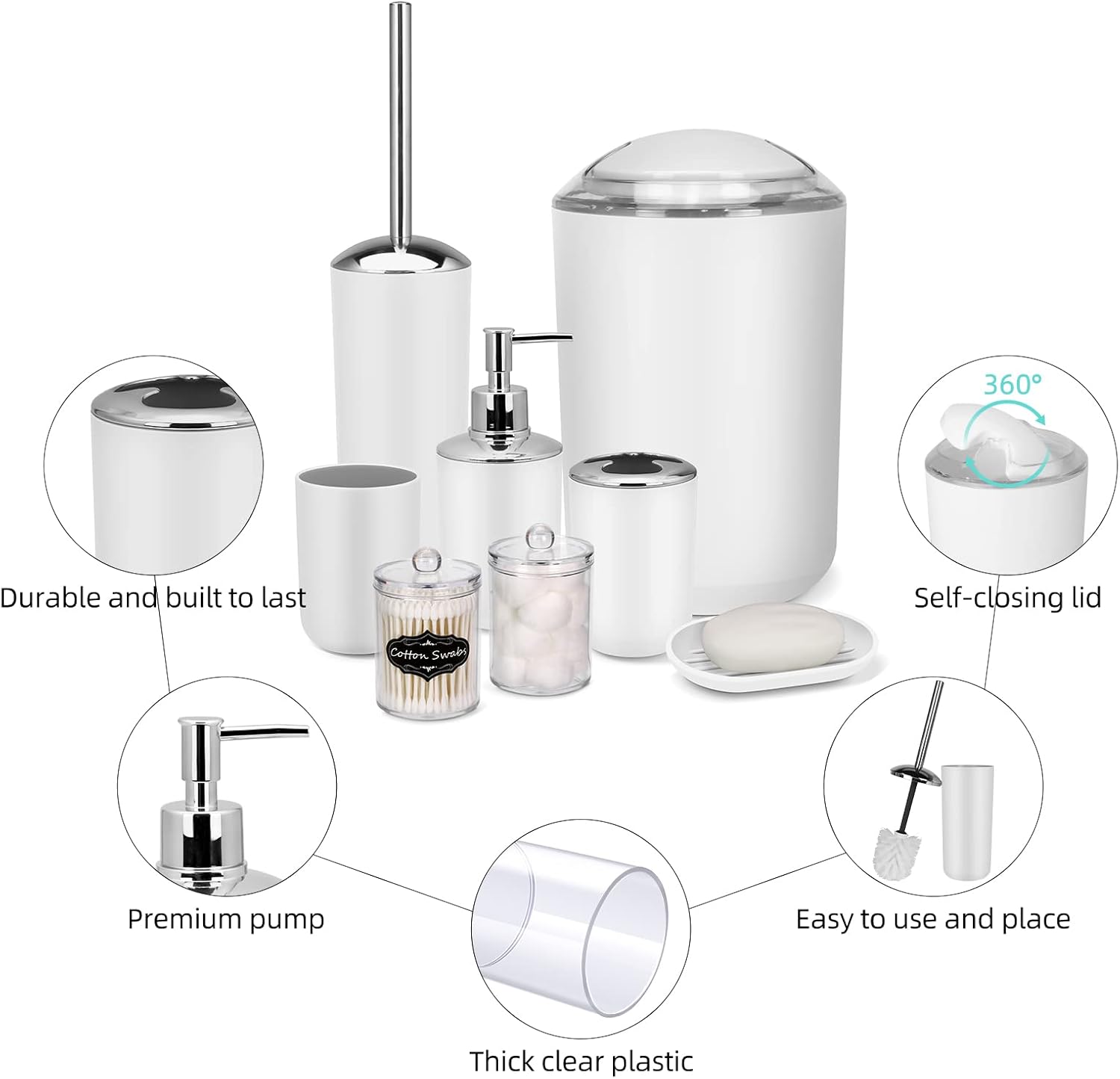 White Bathroom Set,9 Piece Bathroom Accessories Set,Tray,Soap Dispenser,Toothbrush Holder,Toothbrush Cup,Soap Dish,Toilet Brush,Qtip Holders,Trash Can for Bathroom Décor and Housewarming Gifts