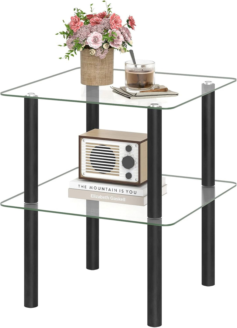 Giantex Square End Table, 2-Tier Sofa Side Table with Clear Tempered Glass To...