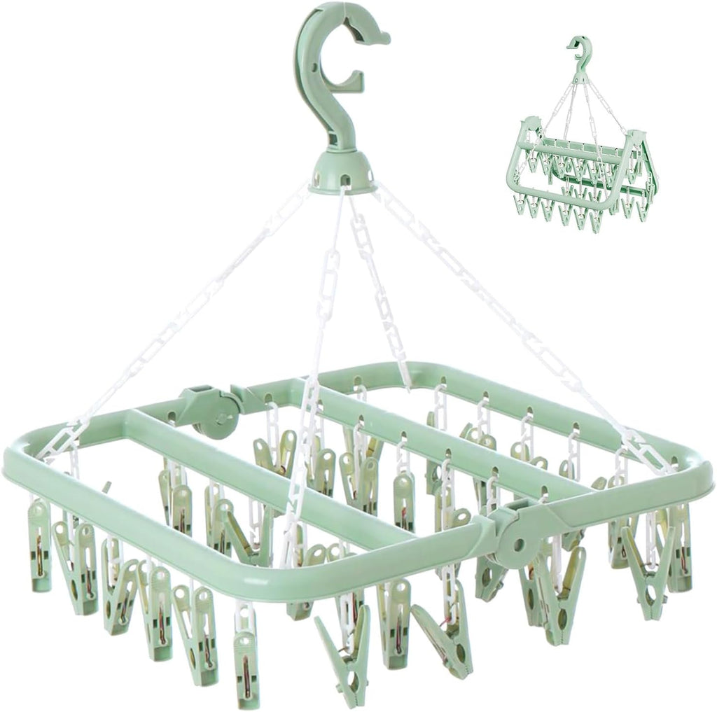 Laundry Drying Rack with 32 Hanger Clips, Foldable Clip Hangers for Drying Socks, Underwear & Towels, Portable Clothes Rack, 360° Rotatable Hook Plastic Baby Hangers (Light Green)