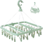 Laundry Drying Rack with 32 Hanger Clips, Foldable Clip Hangers for Drying Socks, Underwear & Towels, Portable Clothes Rack, 360° Rotatable Hook Plastic Baby Hangers (Light Green)