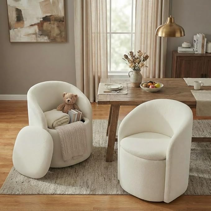 Upholstered Dining Chairs with Casters, No Assembly Rolling Modern Dining Room Chairs with Hidden Storage & Barrel Backrest, Accent Chair for Bedroom, Living Room, Dressing, Linen, Set of 4