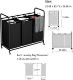 LINZINAR 3-Bag Laundry Basket Hamper Laundry Sorter Cart laundry room organization with Heavy Duty Rolling Lockable Wheels and Removable Bags (Black)